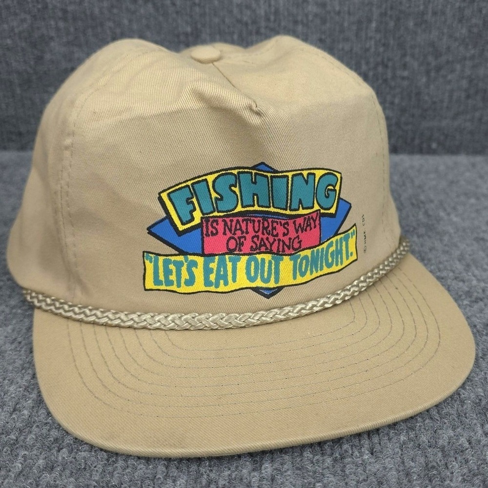 VINTAGE Fishing‎ Hat Cap Snap Back Beige Fish Angler Coastal Rope Mens Novelty